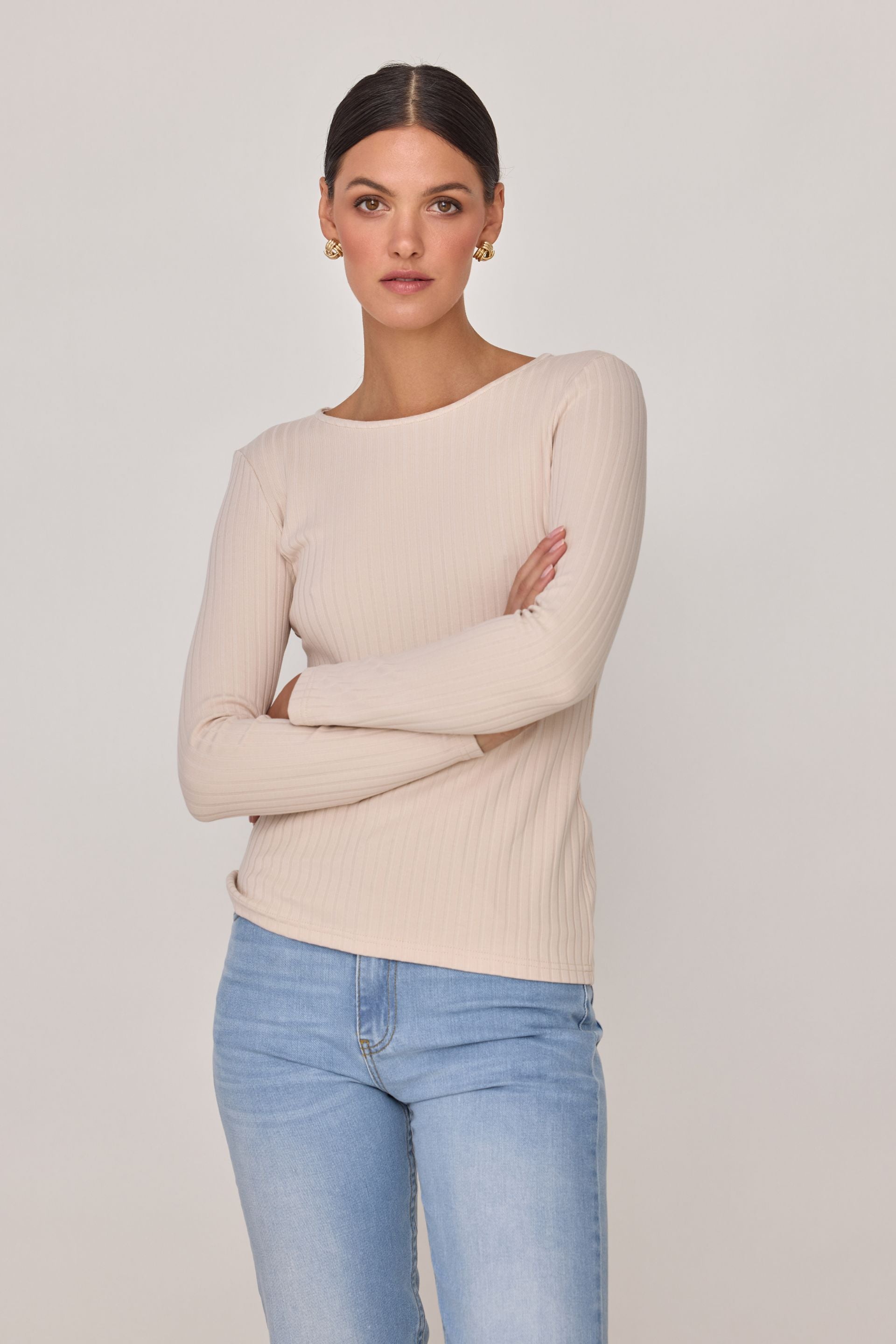 Longsleeve w szerszy prążek beżowy