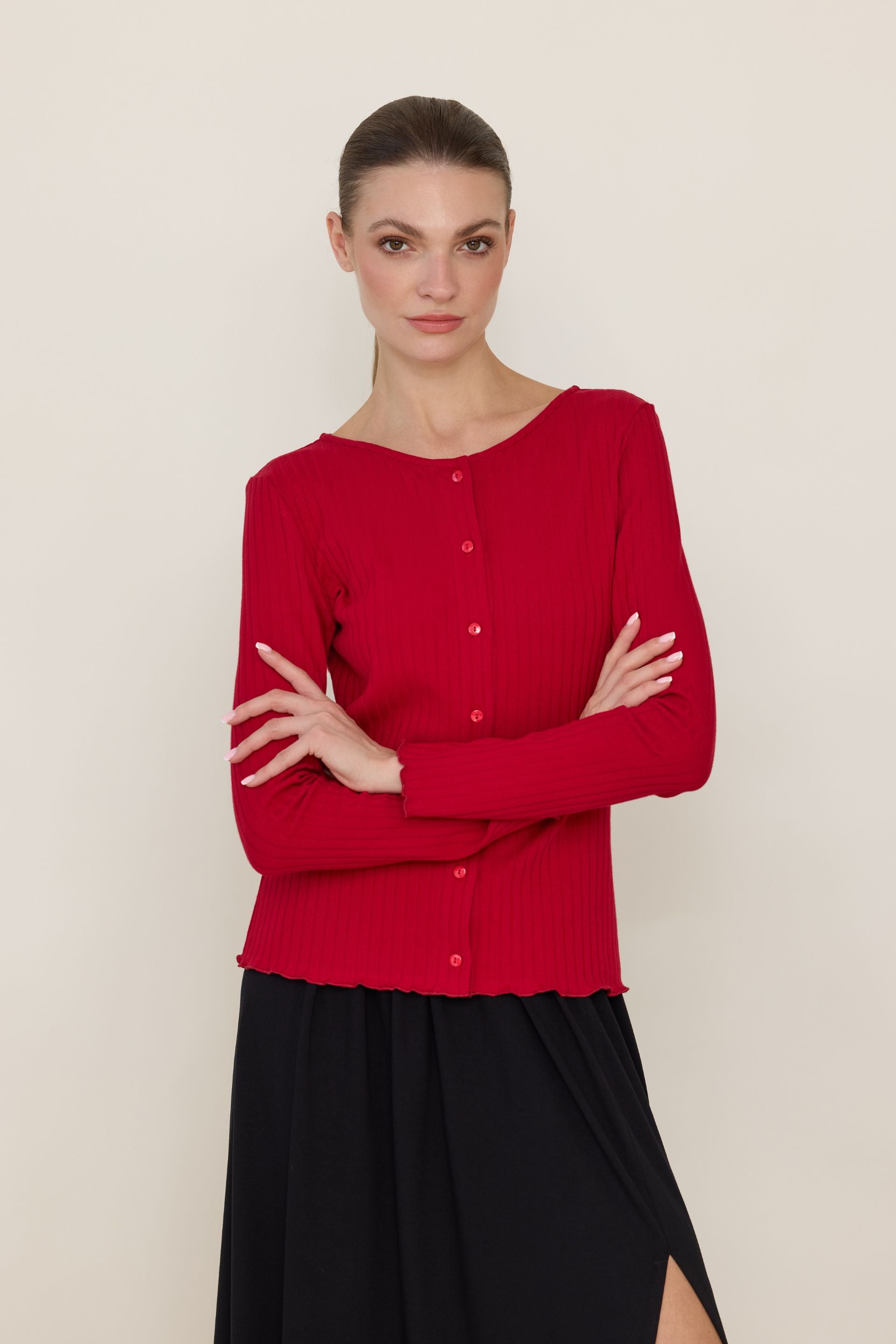 Basic button-down blouse with a wider stripe in dark chocolate
