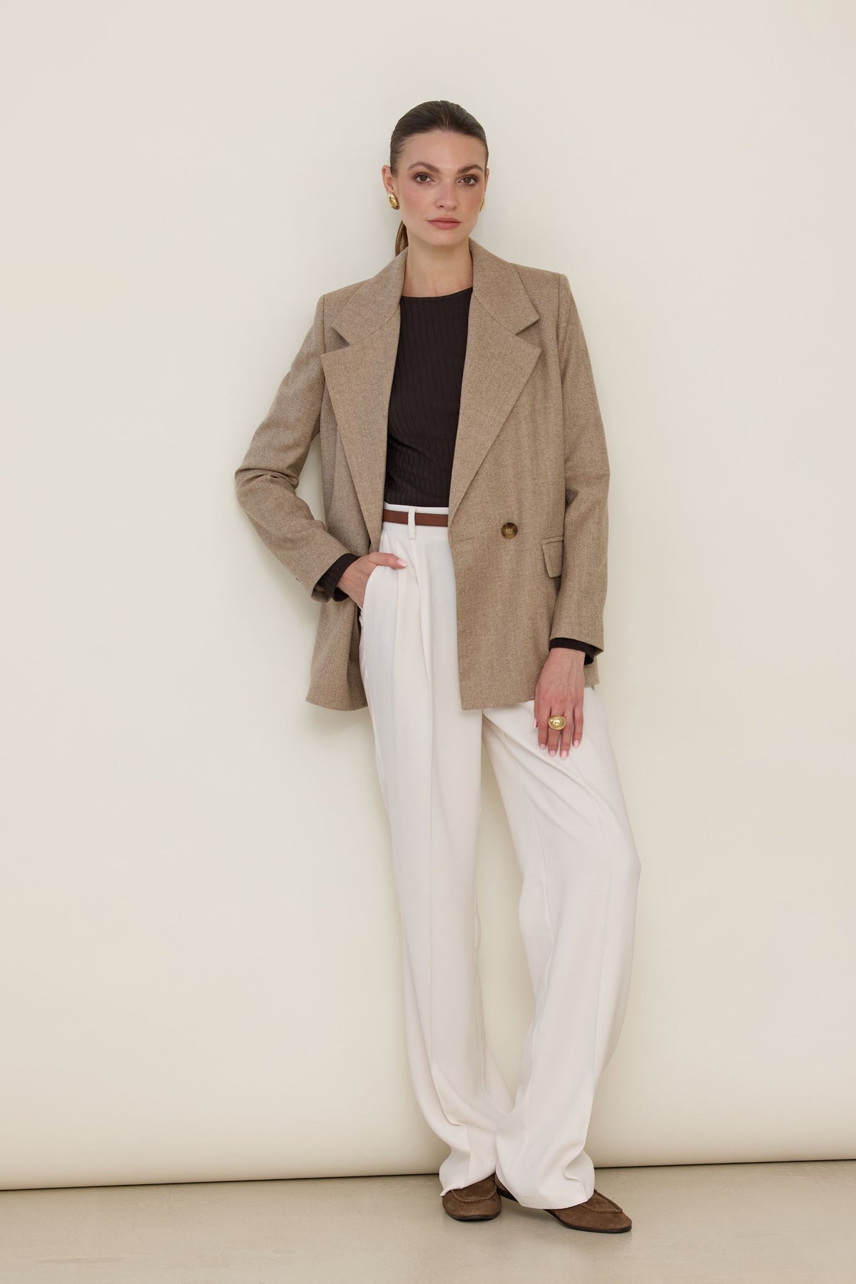 Beige double-breasted herringbone merino wool jacket
