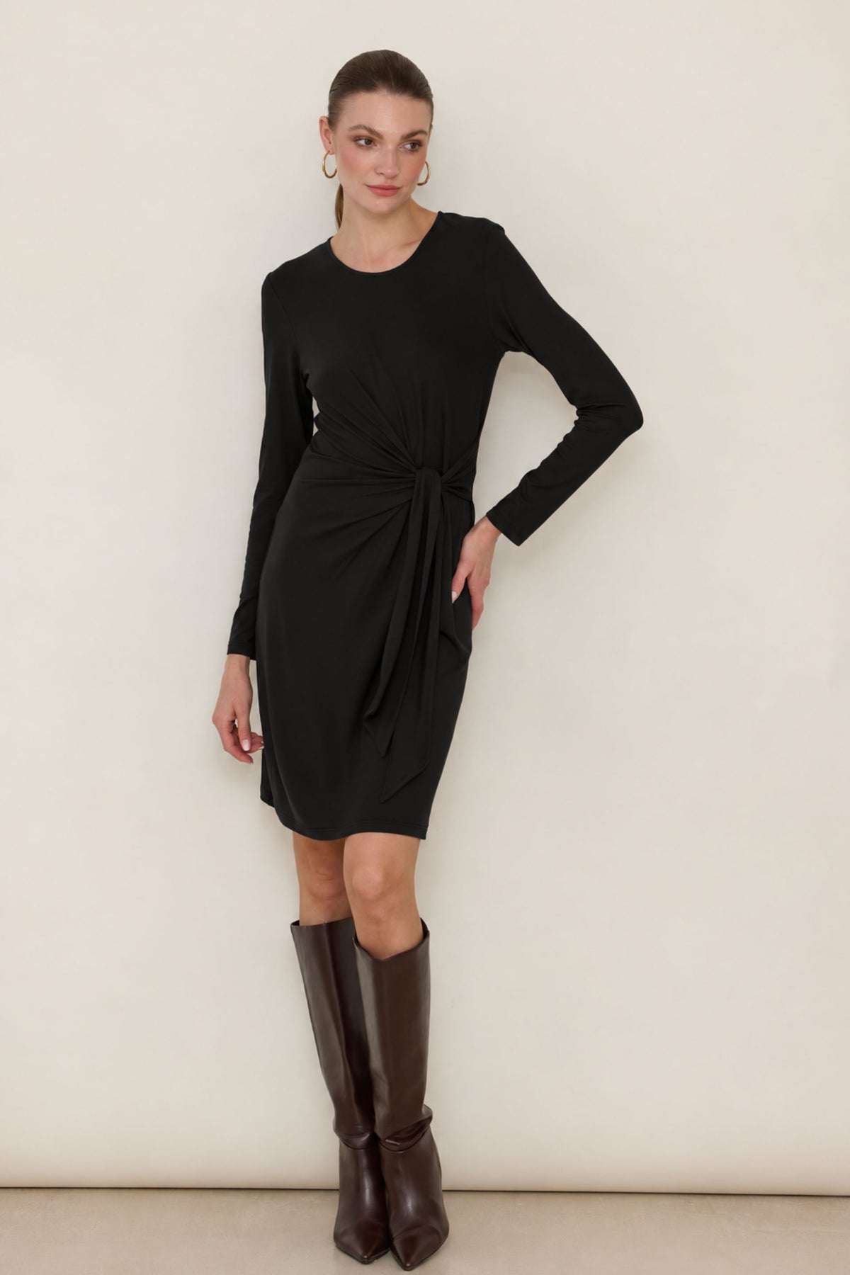 Dark chocolate long sleeve mini dress with knot
