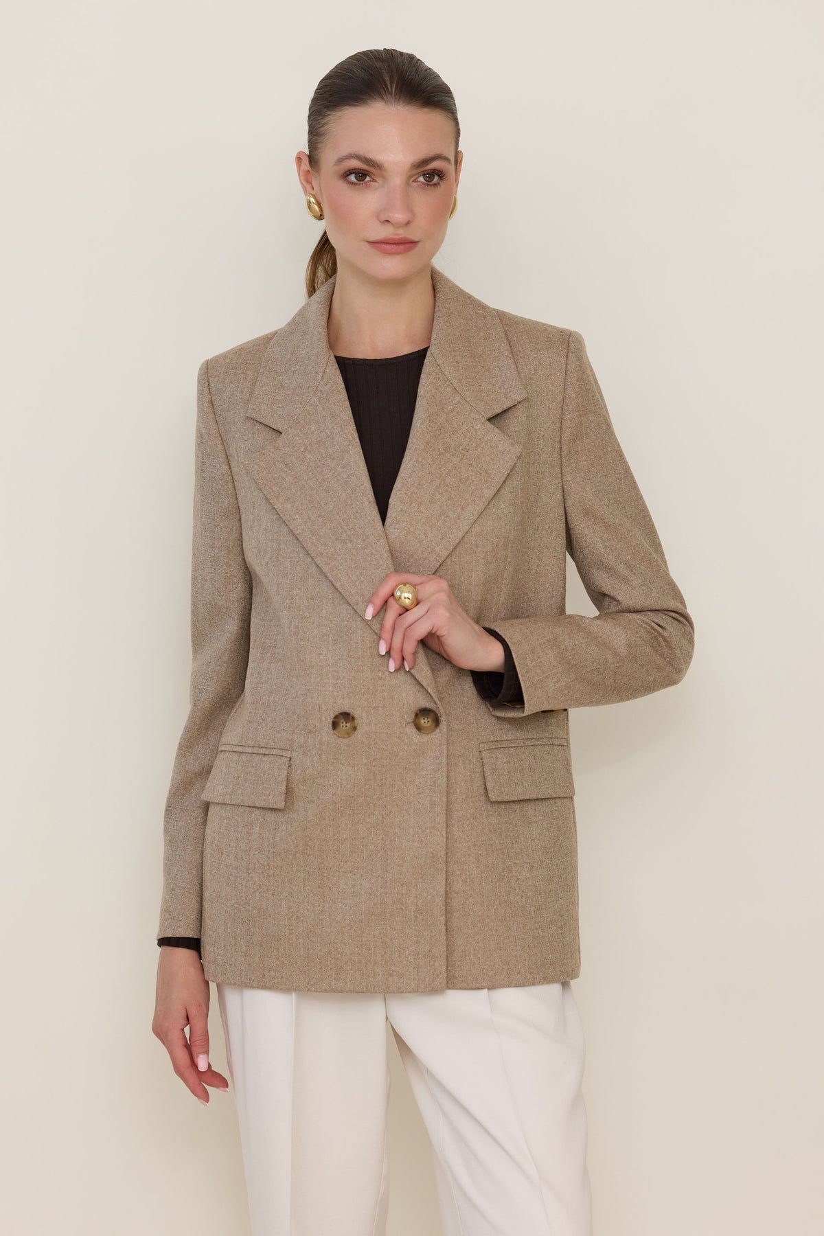 Beige double-breasted herringbone merino wool jacket