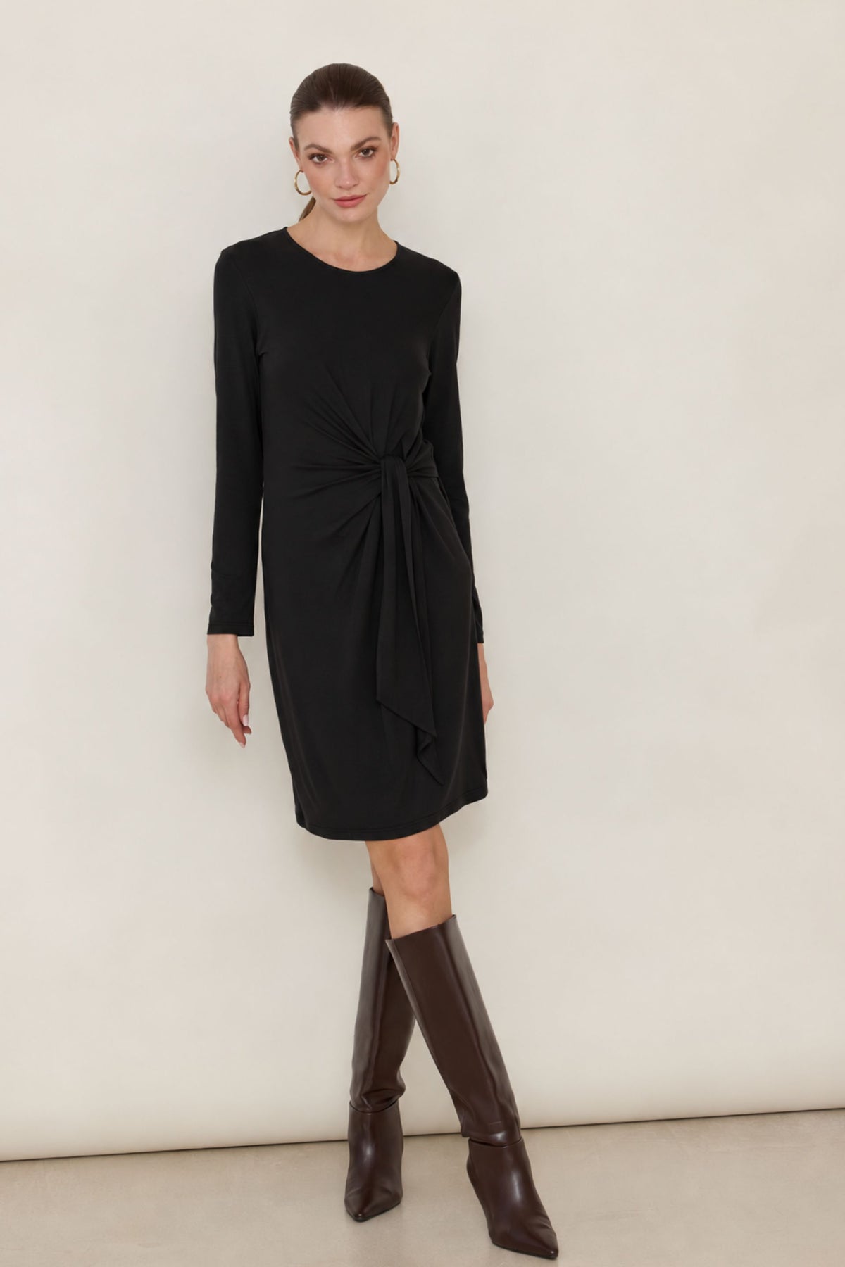 Dark chocolate long sleeve mini dress with knot
