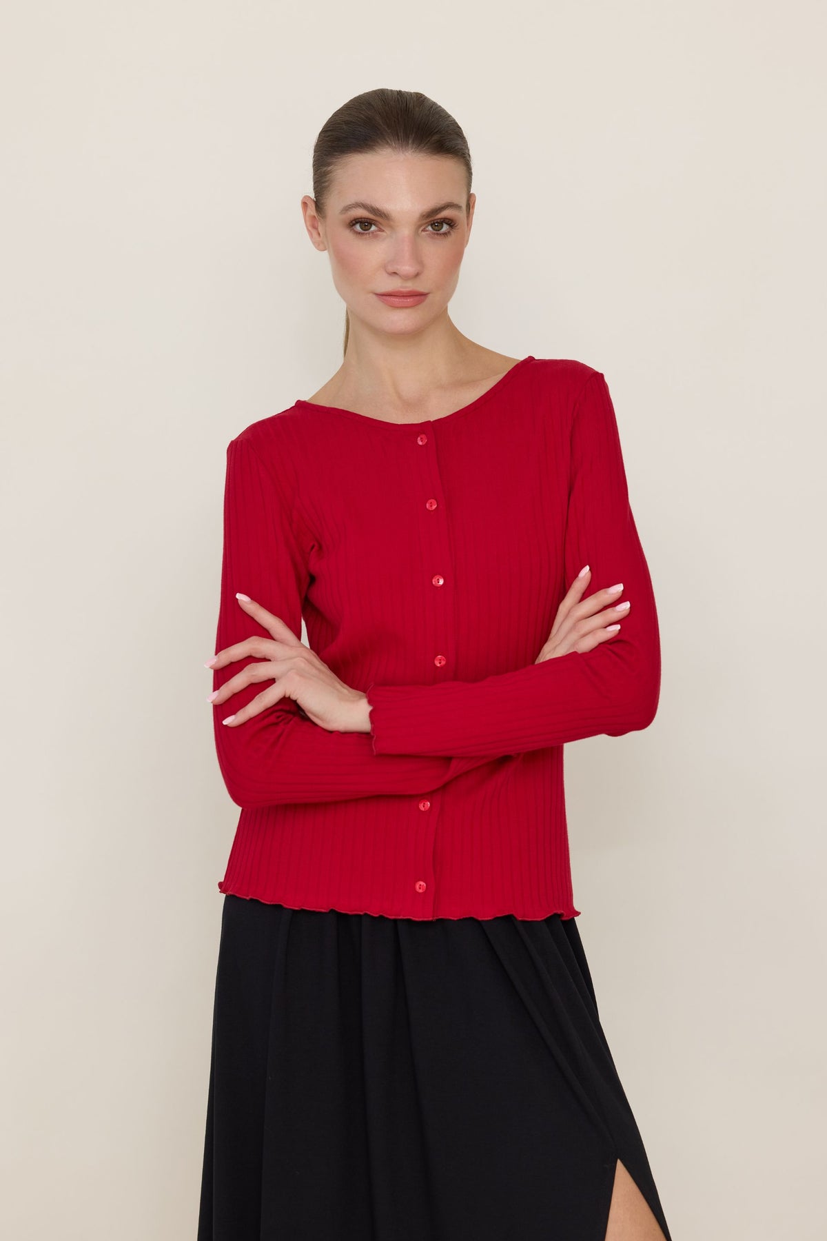 Basic button-down blouse with a wider stripe in dark chocolate