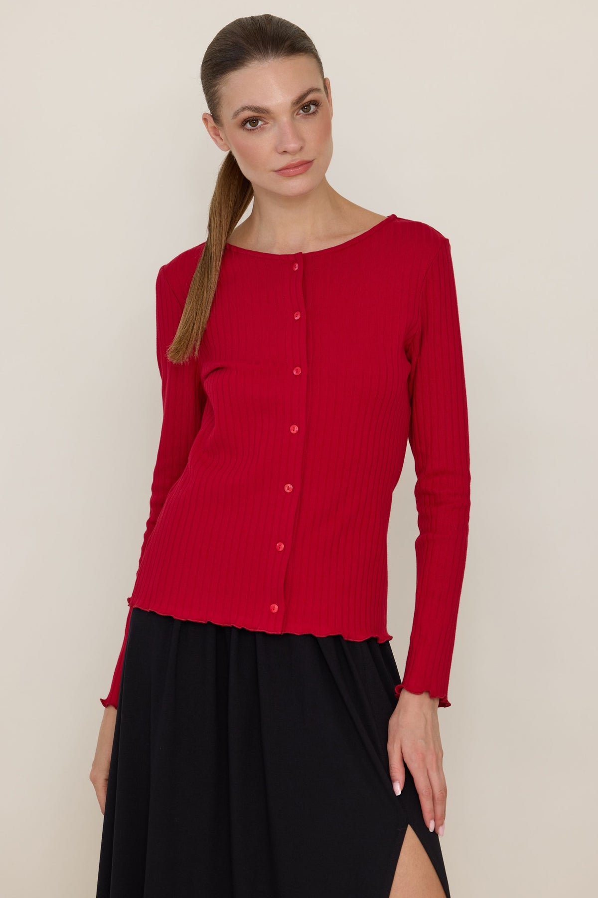 Basic button-down blouse with a wider stripe in dark chocolate