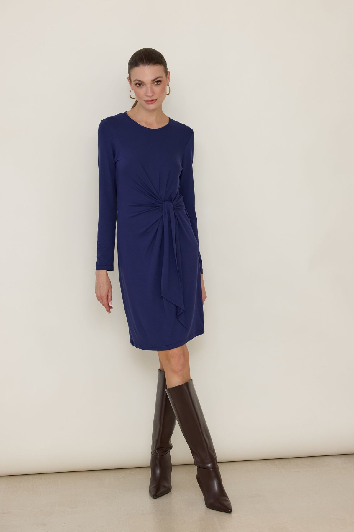 Dark chocolate long sleeve mini dress with knot
